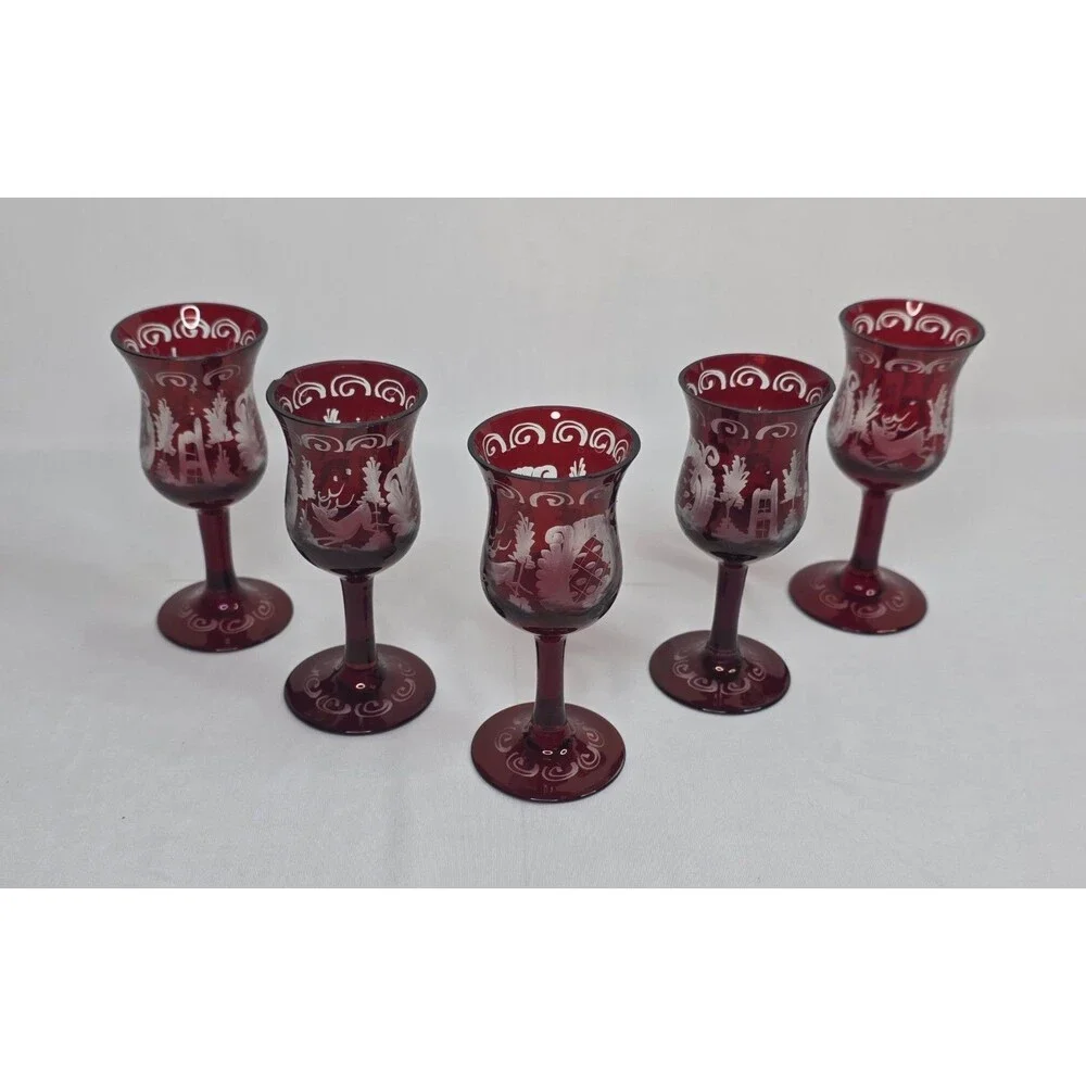 Vintage Egermann Bohemian Ruby Red Etched Cordial Glasses | Set of 5 | Cut Clear