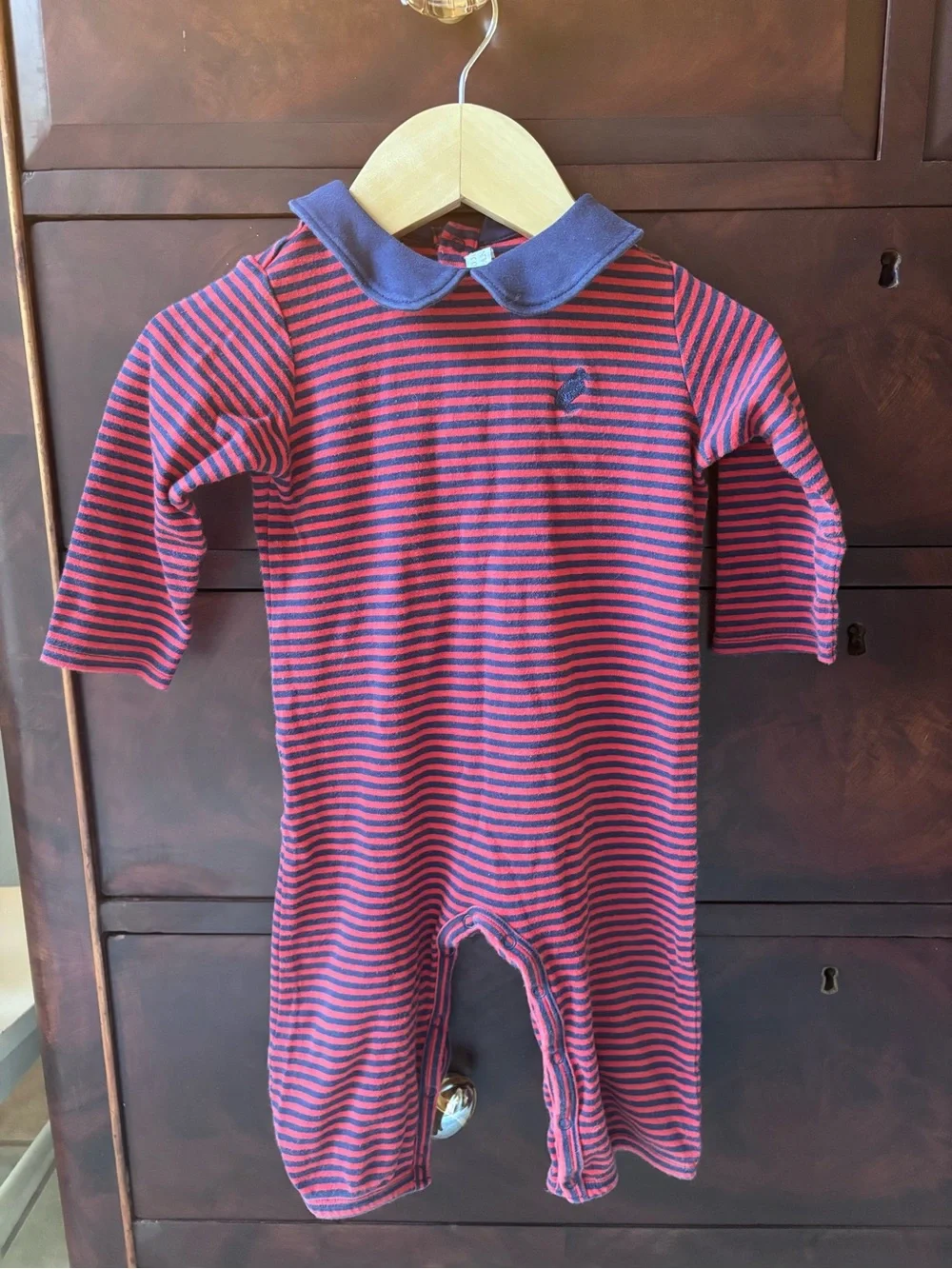 The Beaufort Bonnet Company Striped Red & Navy Kids One-Piece with Navy Collar