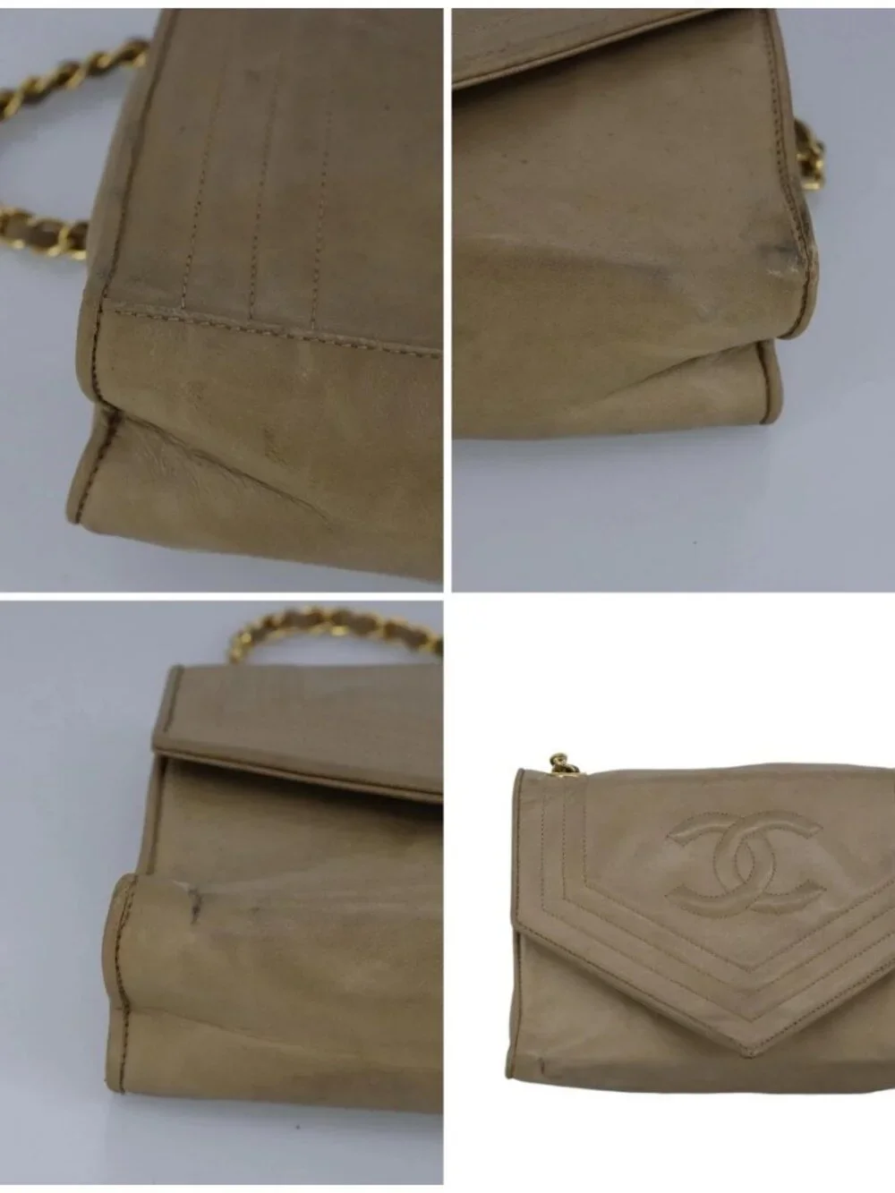 CHANEL Chain Shoulder Bag Lamb Skin Beige Gold CC Auth bs19652