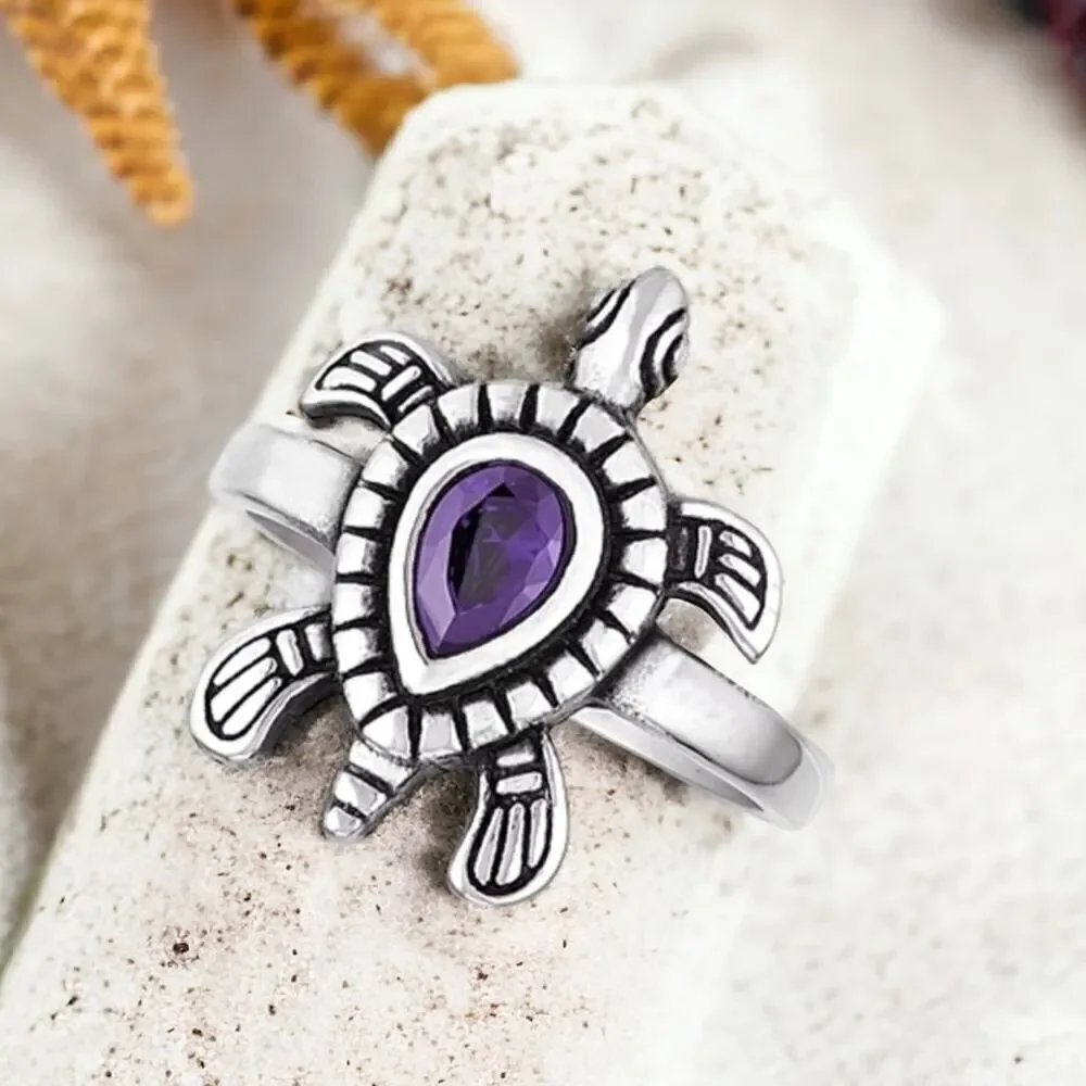 Stainless Steel Turtle Ring With Amethyst CZ