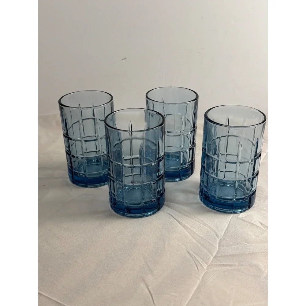 Vintage Blue Glass Tumblers Set of 4 Grid Waffle Pattern Juice Water Glasses