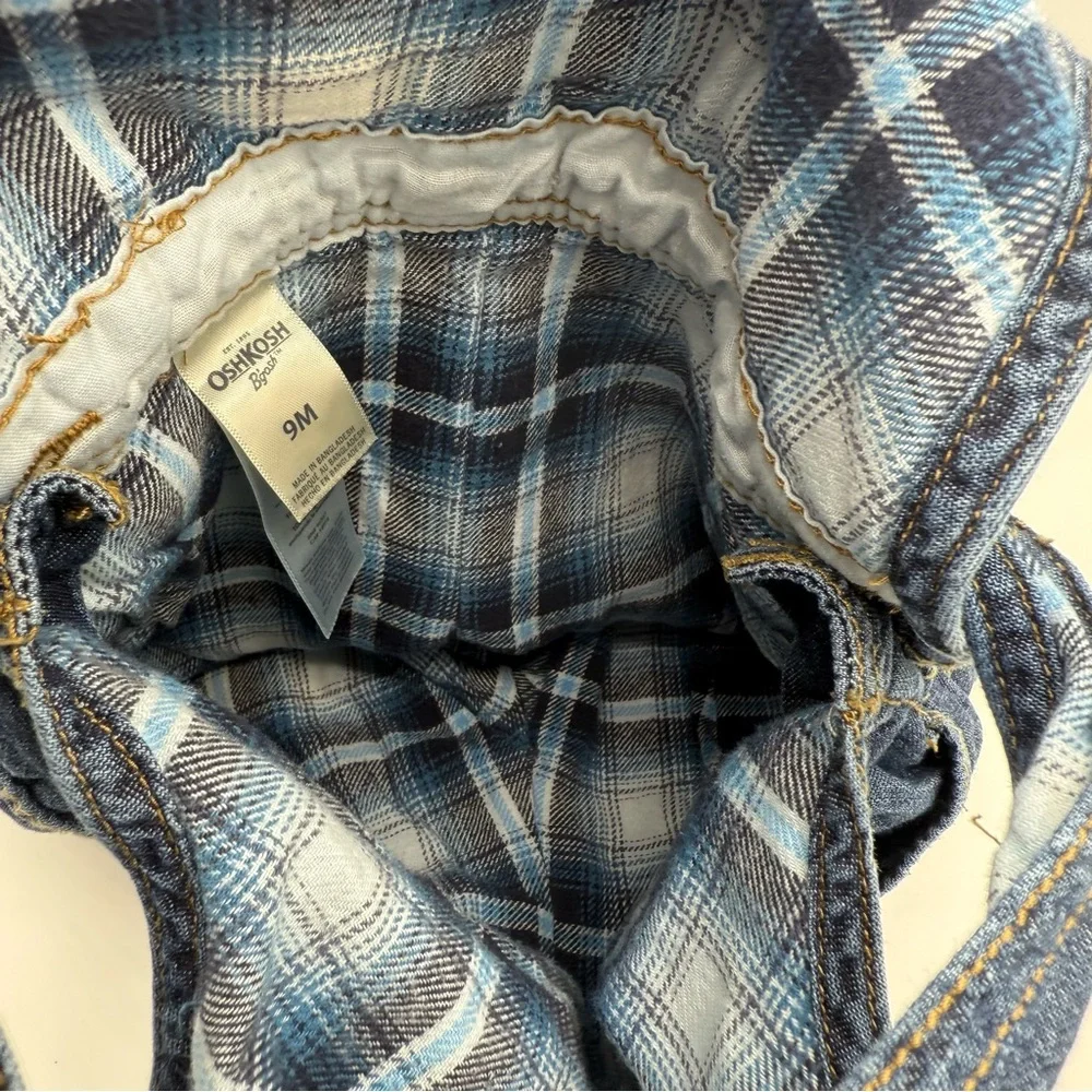 OshKosh B'gosh Blue Denim Overalls, Plaid Flannel Lined Size 9 Mo ADORABLE