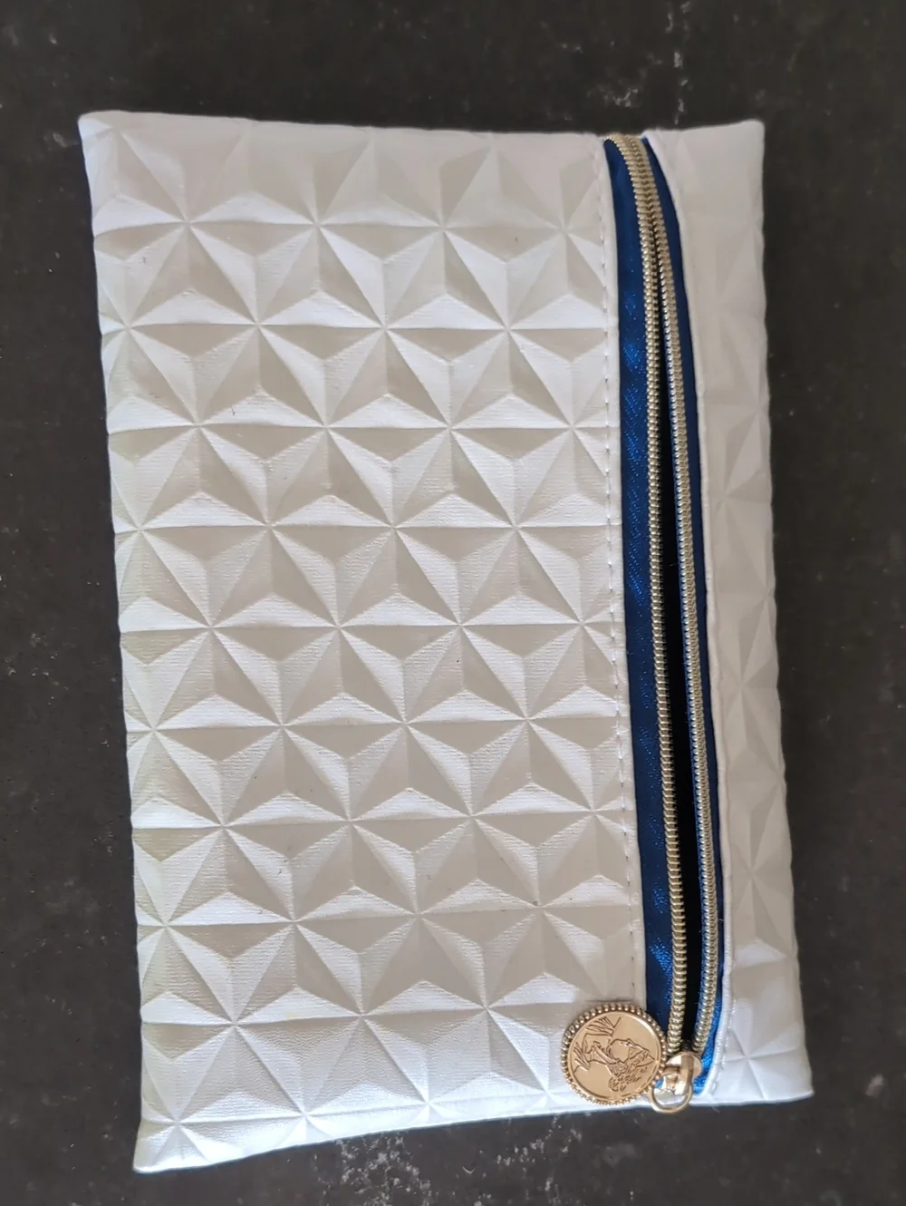 White IPSY Geometric Zip Pouch with Navy Trim