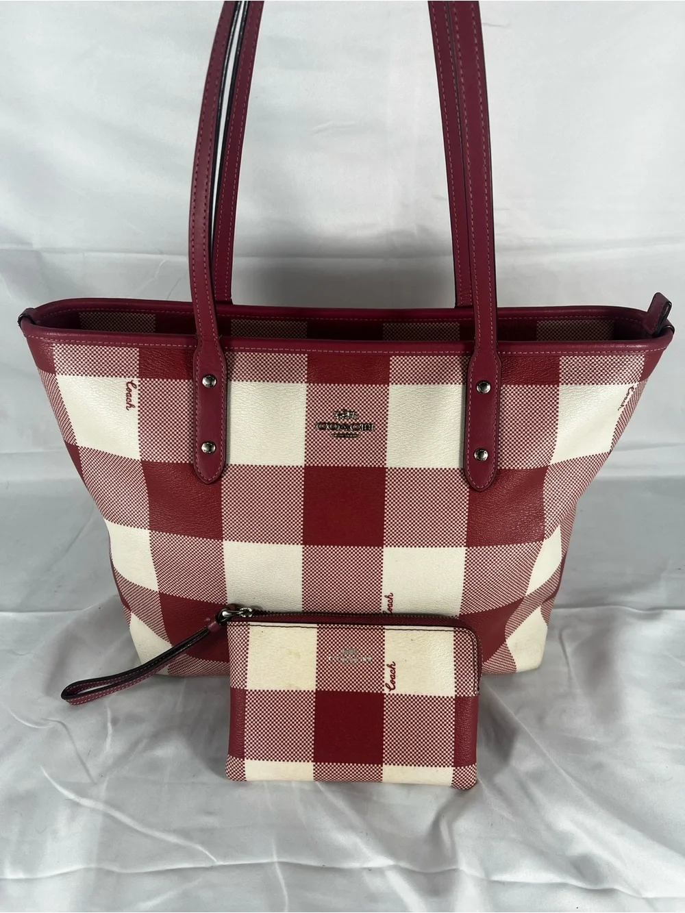 Coach Red and Cream Gingham Tote with Wristlet