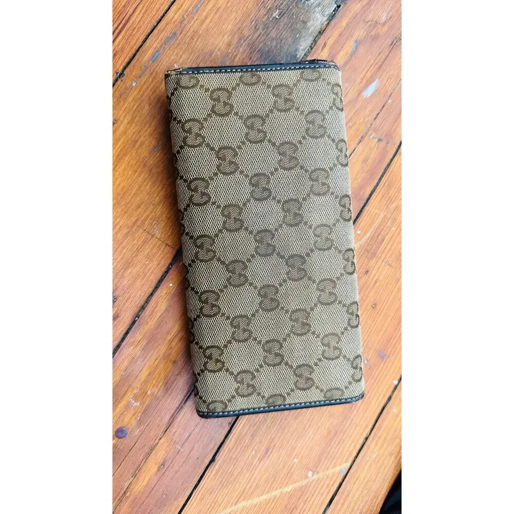 GUCCI Brown Tan GG Logo Canvas Leather Heart Jacquard Leather Trim Wallet