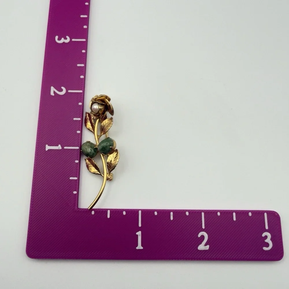 Vintage Floral Brooch Green Stone Cabochon Faux Pearl Gold Tone Rose Pin