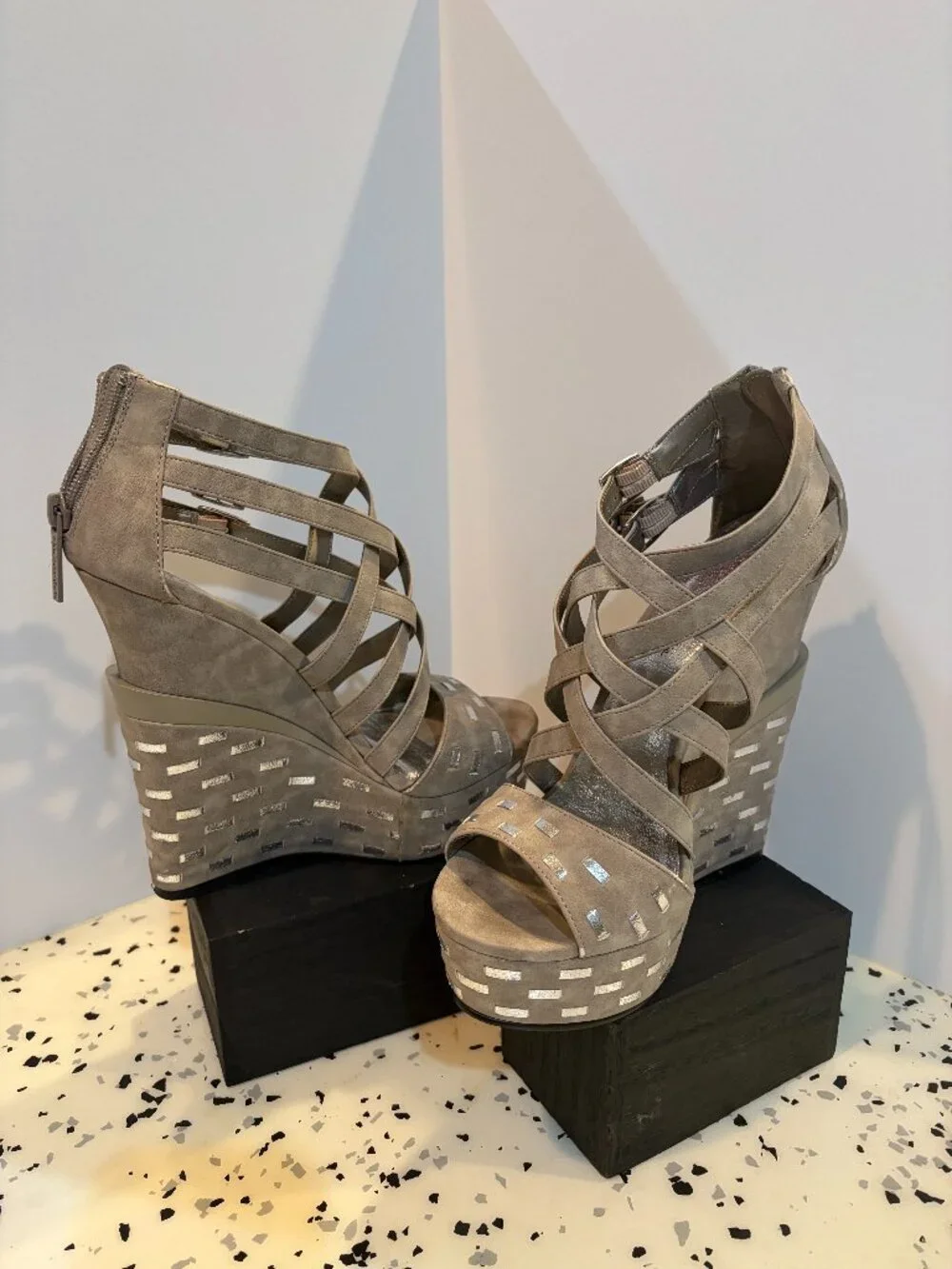 Taupe & Silver Wedge, 7 1/2, Micheal Saudie