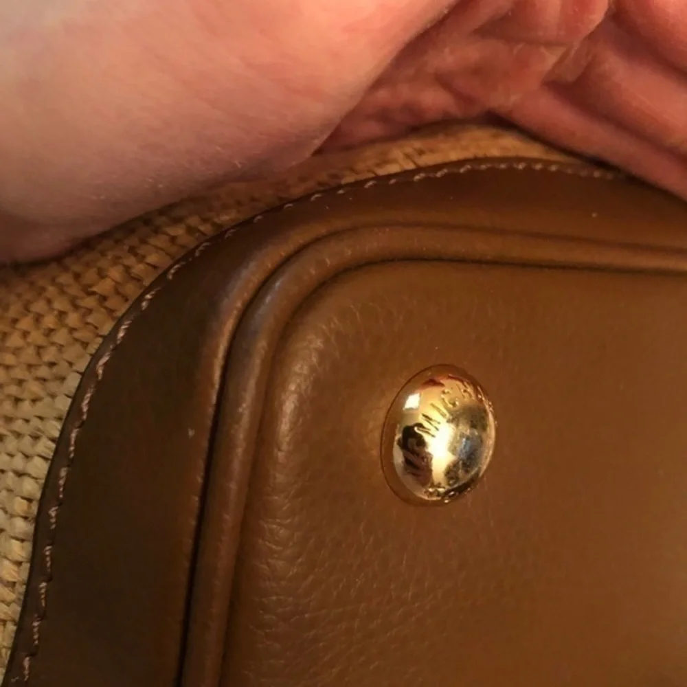 Michael kors brown leather and wicker tote bag with detachable pouch