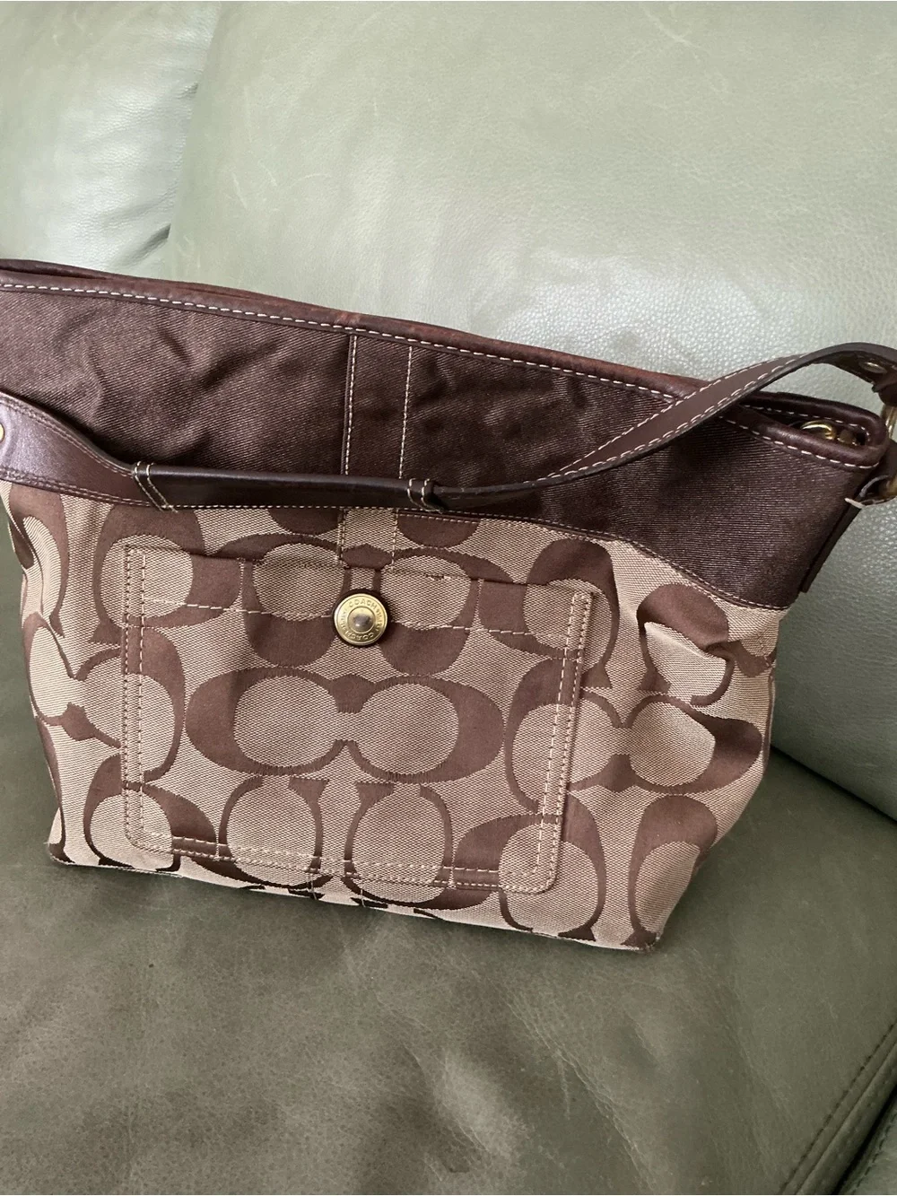 VTG Coach Signature Carly Hobo Bag Brown Khaki Canvas Leather Trim