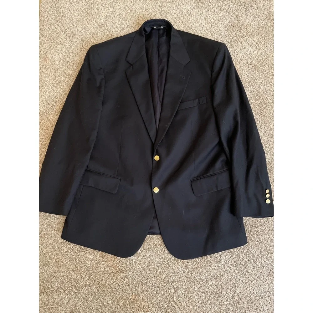 Jos A Bank Men's Blazer 44R Black Gold Crest Button Wool Sport Coat Flaw
