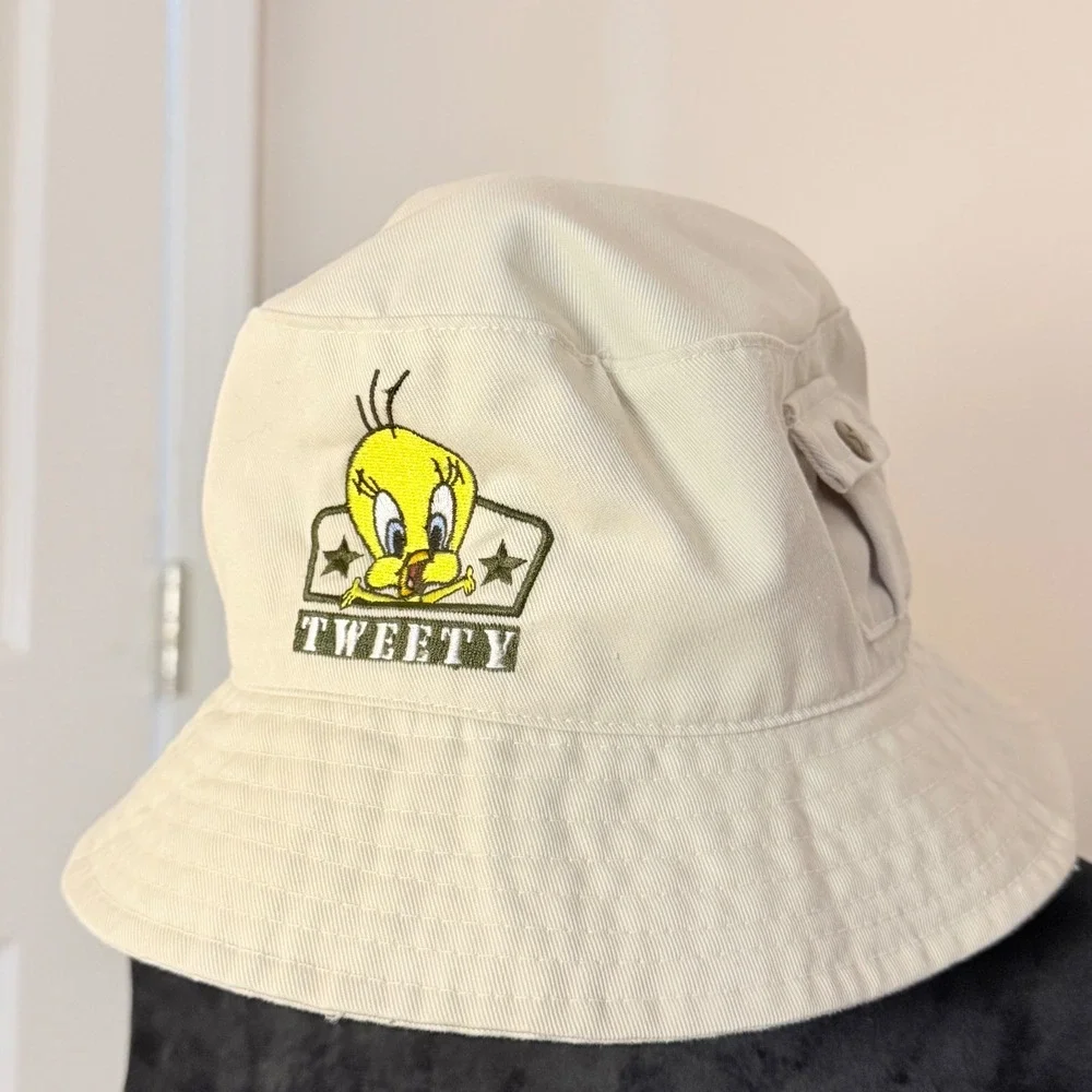 Vintage Looney Tunes Tweety Cargo Bucket Hat Military Pockets 1999 Y2K Logo