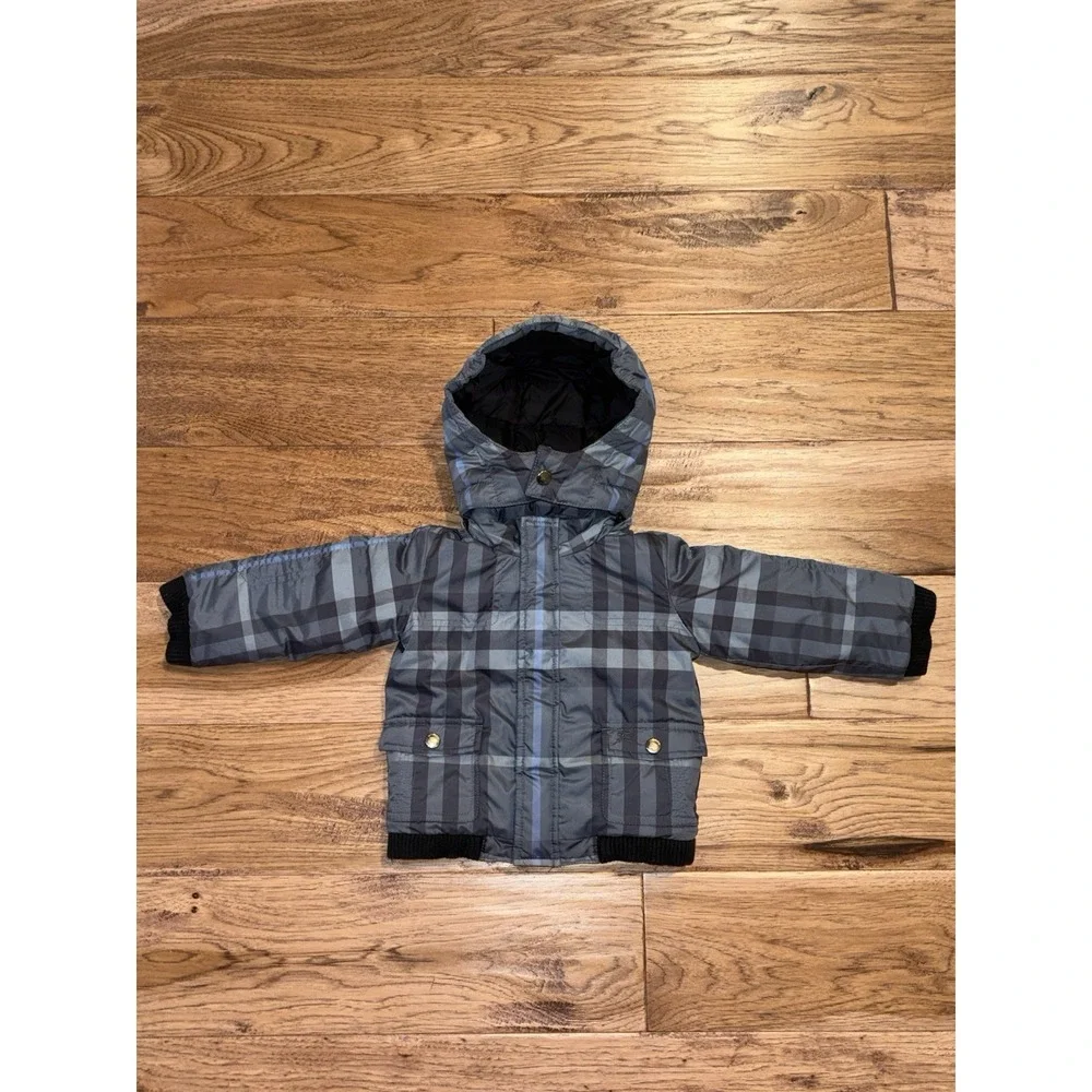 Burberry Baby Boys Blue Plaid Winter Puffer‎ Hooded Jacket Coat Blue 9 Months