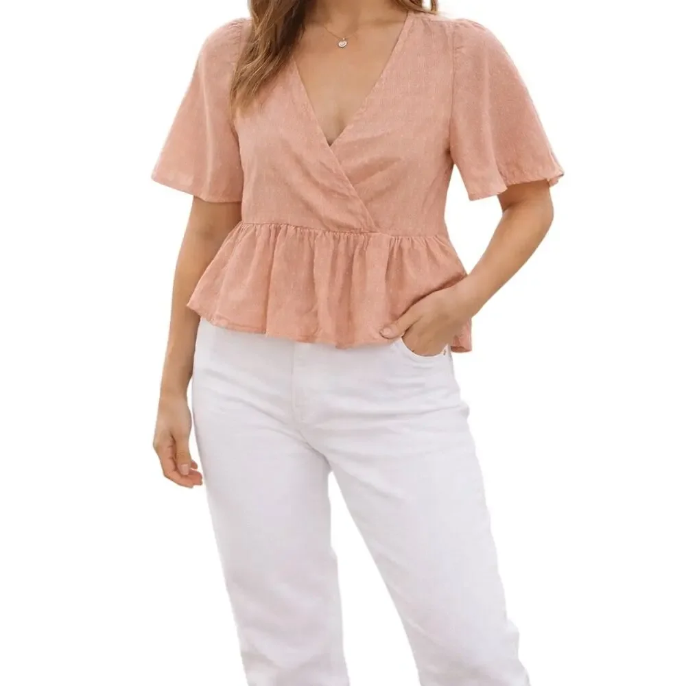 Madewell Women's Small Peach Peplum Blouse Shirt Cotton Wrap V-Neck