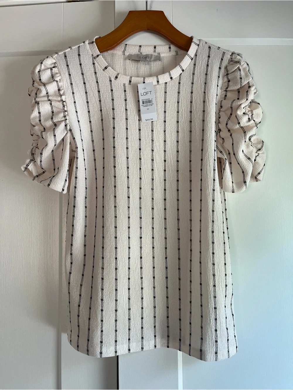 LOFT Ivory Top with Black Pinstripes and Puff Sleeves