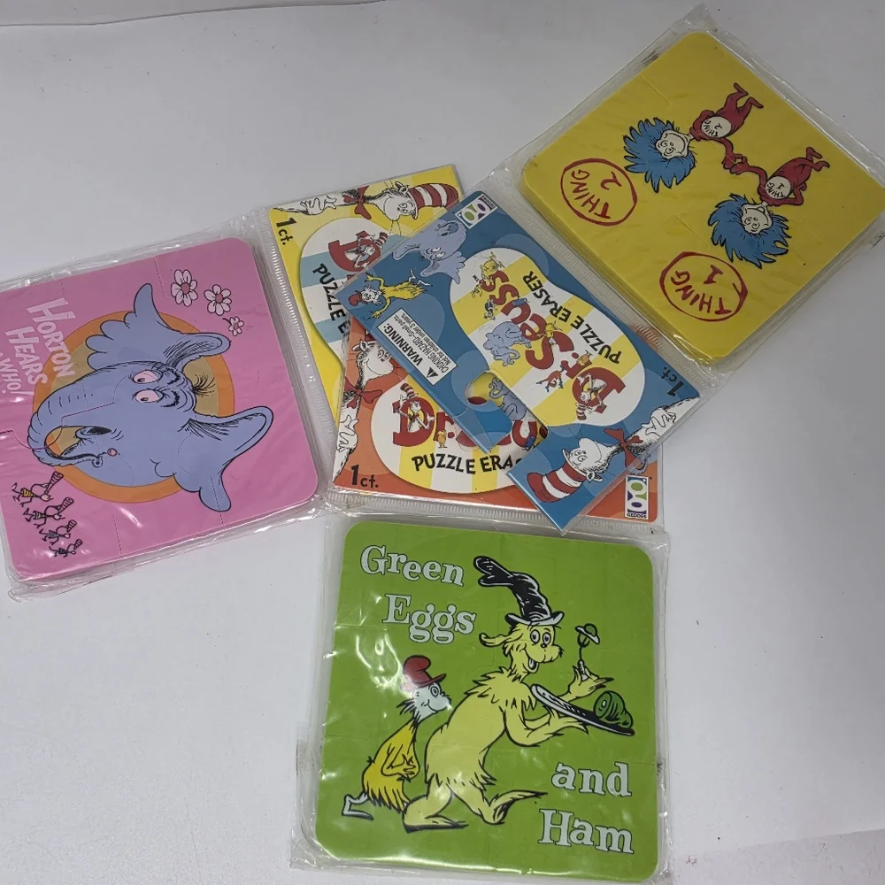 Dr Suess Puzzle Erasers Thing 1 & 2 Horton Hears a Who Green Eggs and Ham Lot 3