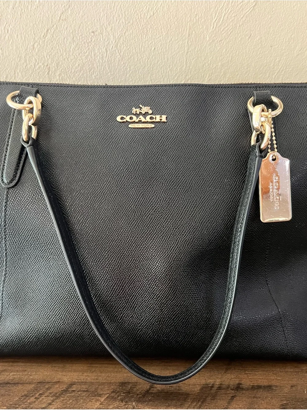 Coach Ava Black Leather Tote with Gold Accents