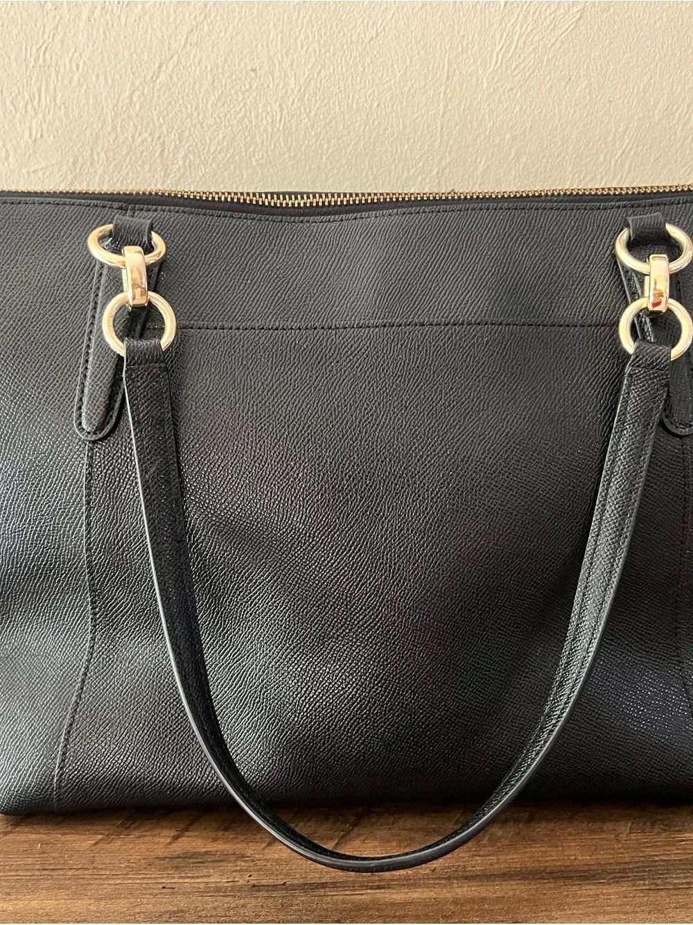 Coach Ava Black Leather Tote with Gold Accents