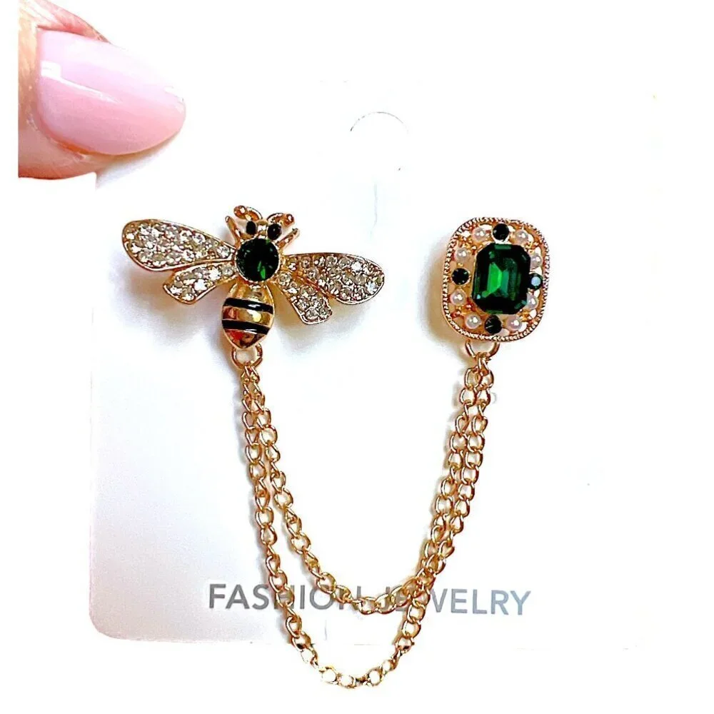 New Gold Bee Brooch CZ Green Hanging Chain Connector Handbag Accessory Stud Pins