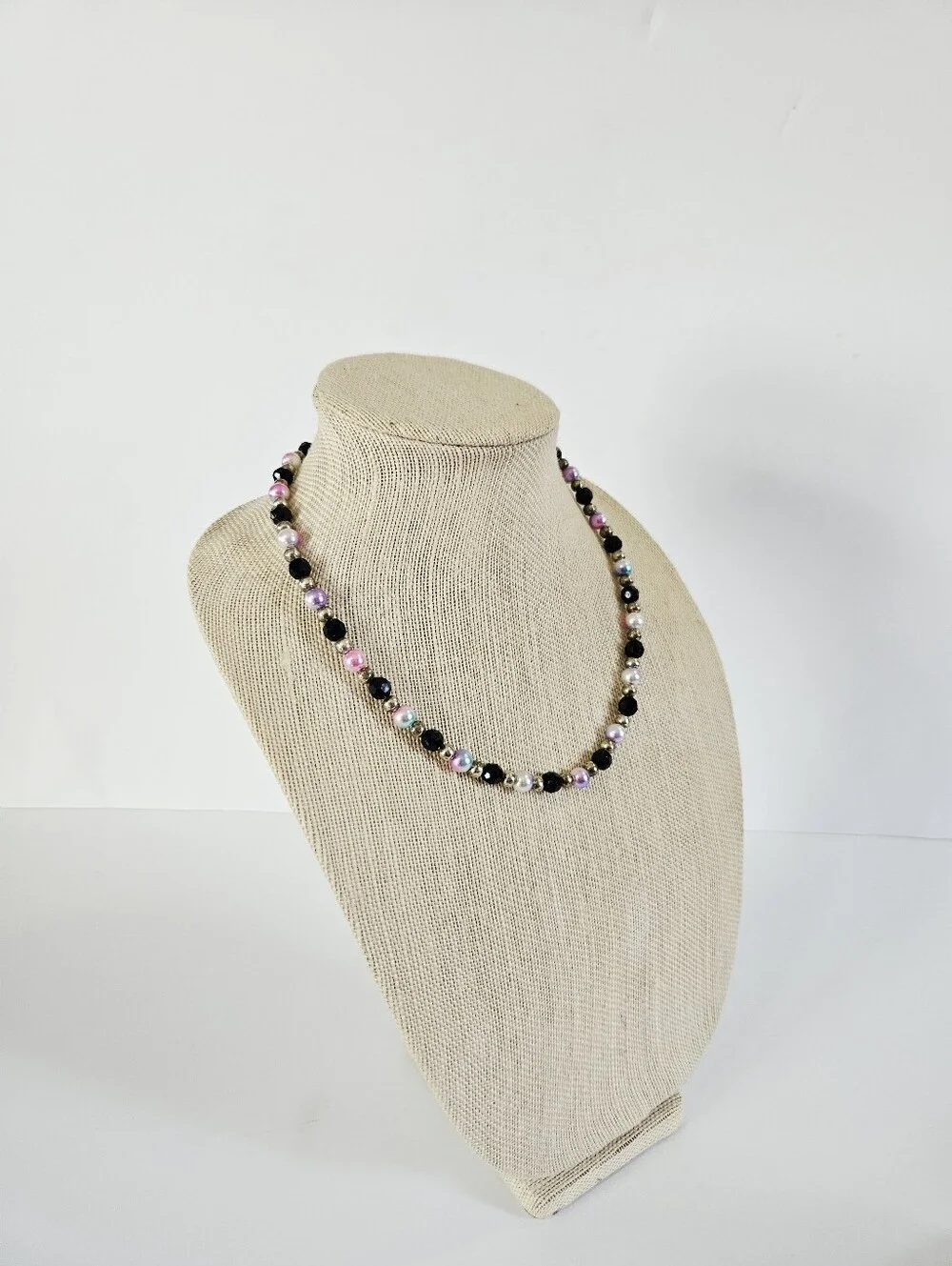 Vintage Beaded Crystal Faceted Lucite Pastel Faux Pearl Screw Clasp Necklace