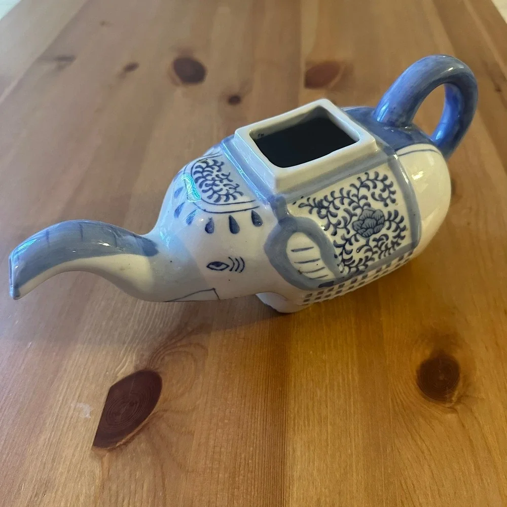 Pier 1 Imports Blue and White Ceramic Elephant Tea Pot Creamer Chinoiserie