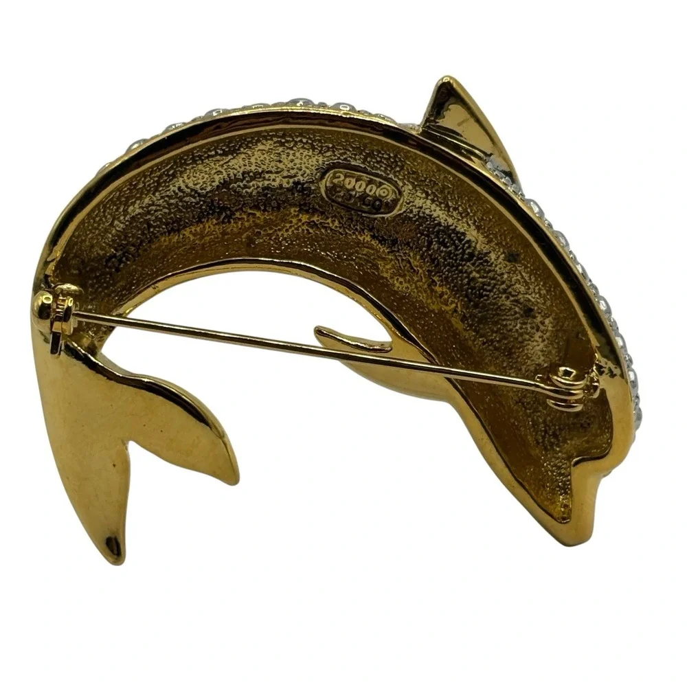 Vtg Dolphin Brooch Pin By P.‎ S. Co. Rhinestone Gold Tone Y2K Dated 2000 Ocean