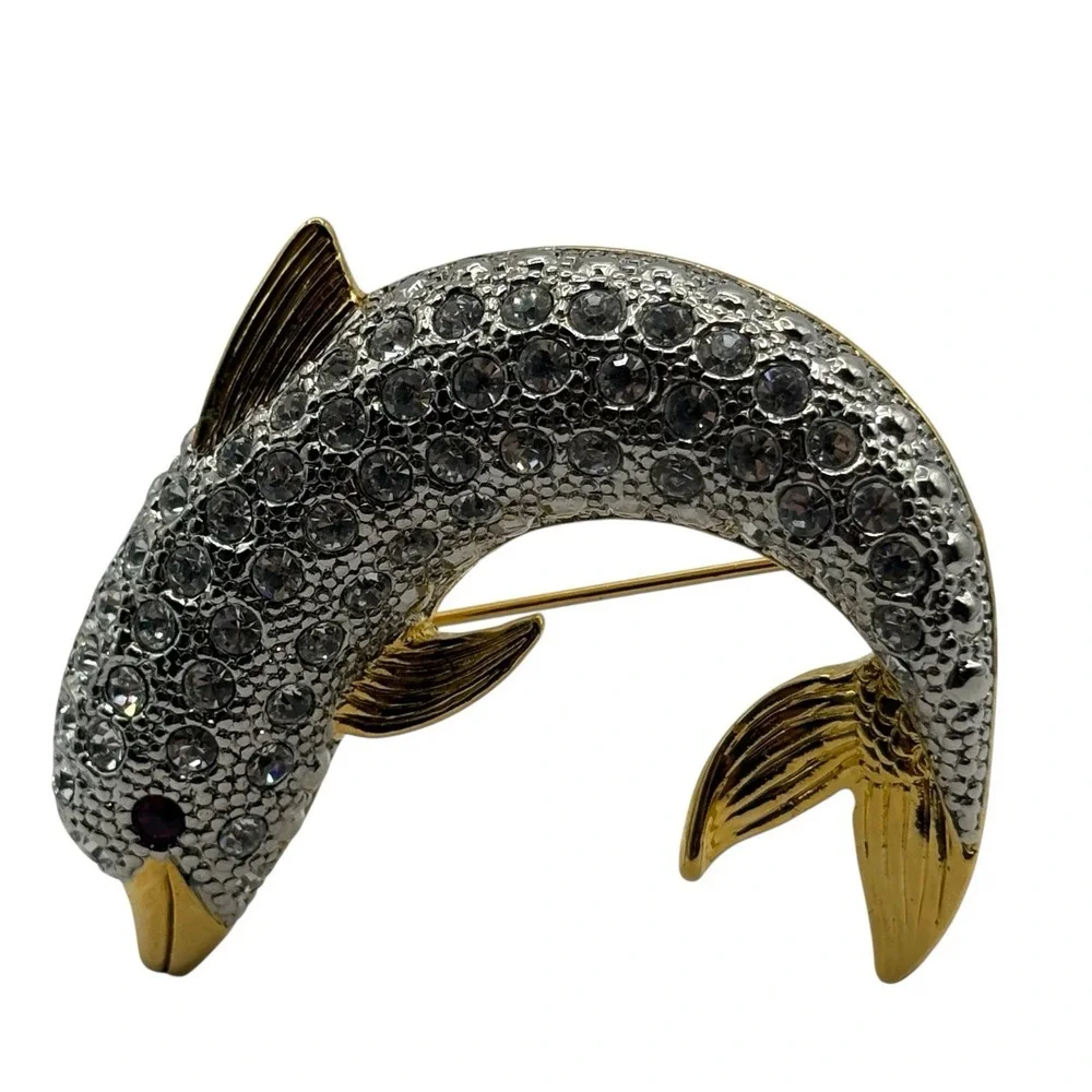 Vtg Dolphin Brooch Pin By P.‎ S. Co. Rhinestone Gold Tone Y2K Dated 2000 Ocean