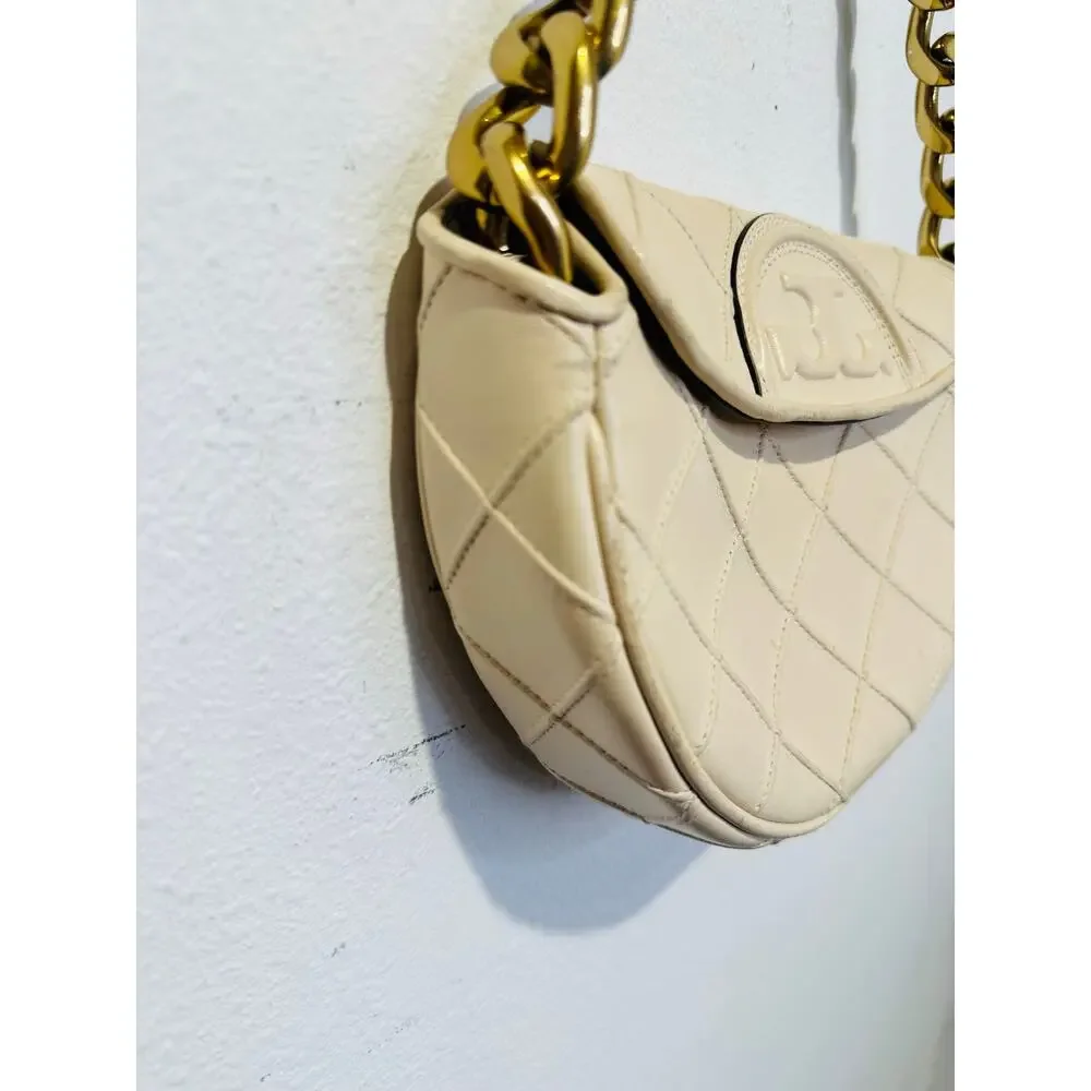 TORY BURCH Neutral White Leather Gold Chain Link Handle Shoulder Strap Bag Purse