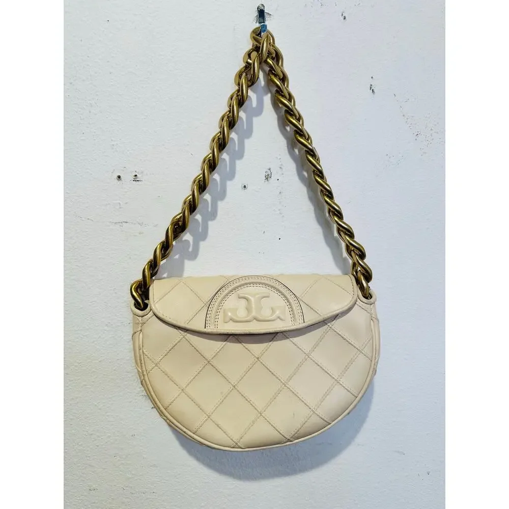 TORY BURCH Neutral White Leather Gold Chain Link Handle Shoulder Strap Bag Purse
