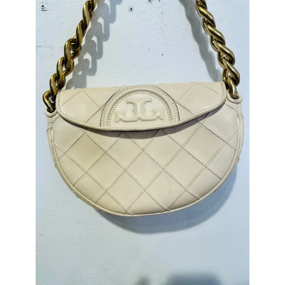 TORY BURCH Neutral White Leather Gold Chain Link Handle Shoulder Strap Bag Purse