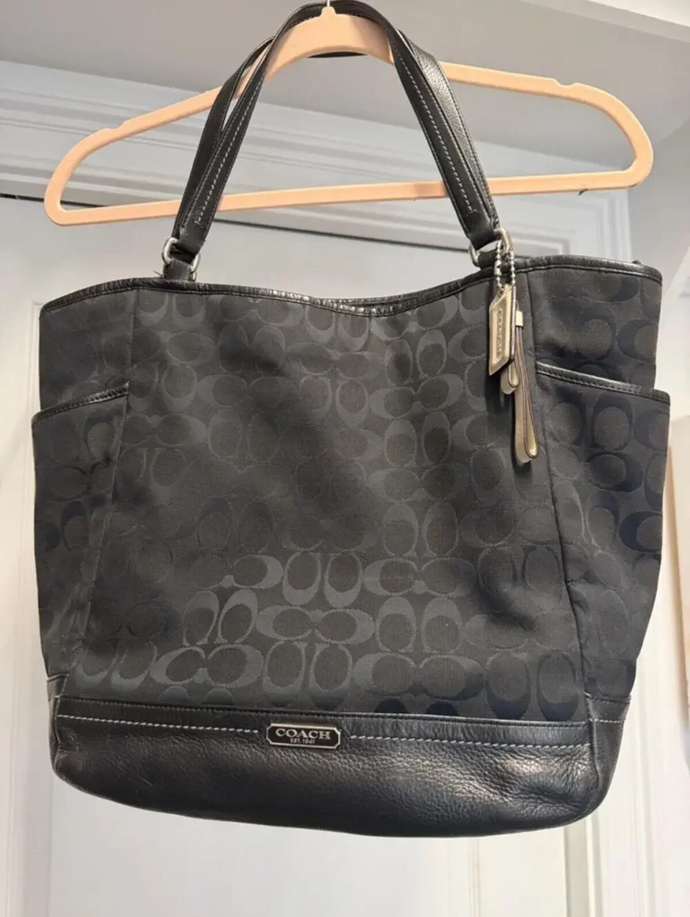 Coach Black Signature Canvas Tote Bag with Leather Trim