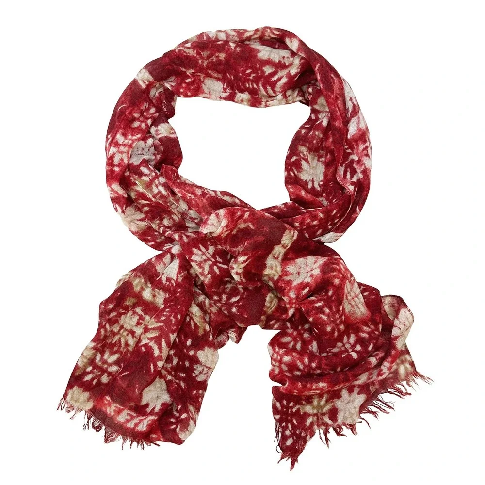 PURE JILL Floral Tie-dye Lightweight Fringe Scarf NWT • red, cream • boho chic