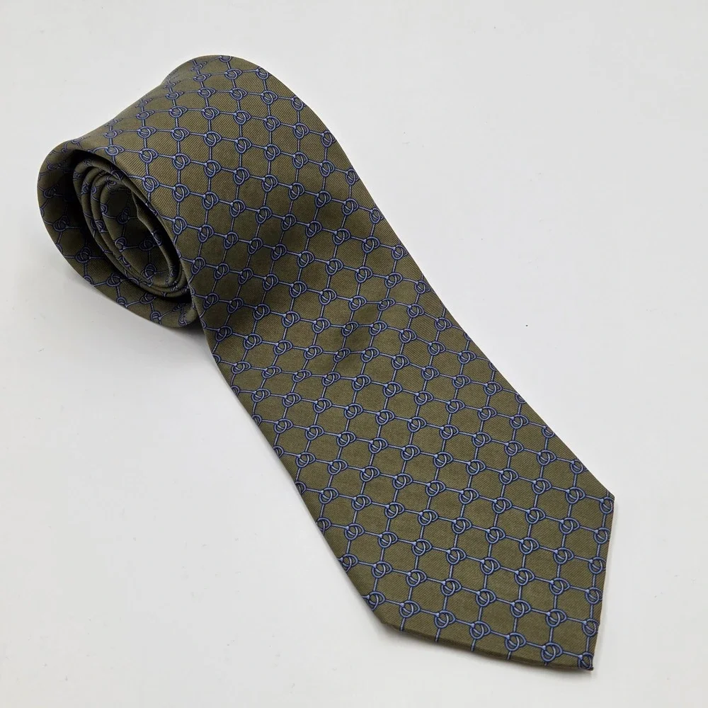 Brooks Brothers Green Silk Tie Geometric Knots‎ Pattern USA Made Mens Necktie
