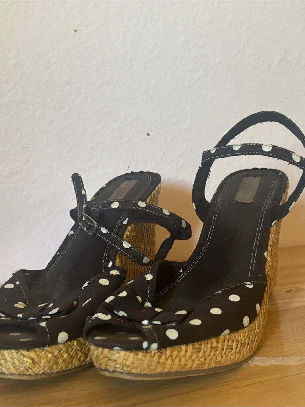 Black Polka Dot Pinup Wedge Sandals with Peep toe and Ankle Strap, Size 7