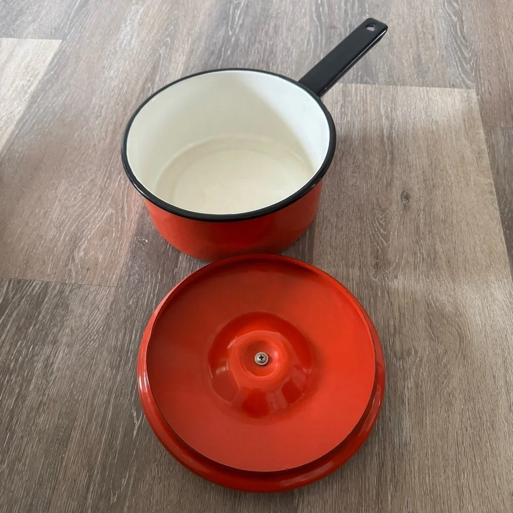 1970s Enamel Orange Stovetop Pot with Lid Medium Size
