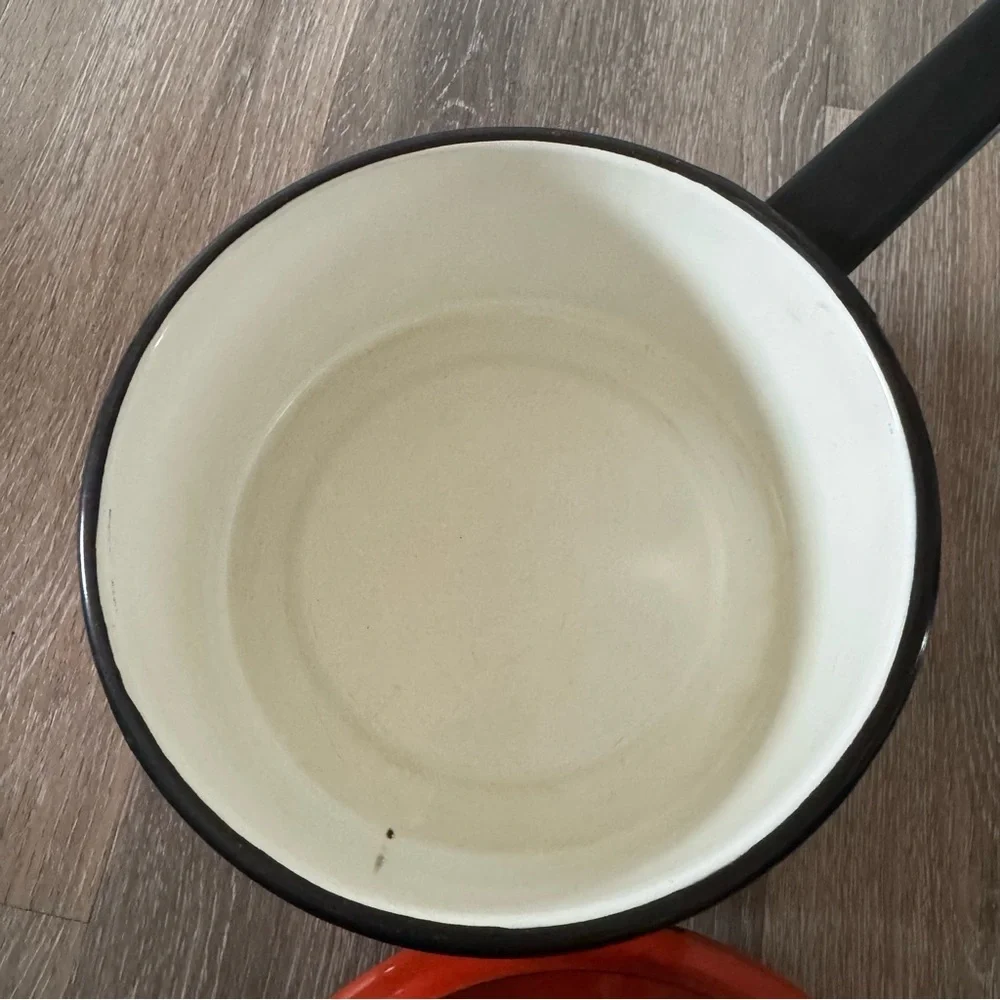 1970s Enamel Orange Stovetop Pot with Lid Medium Size