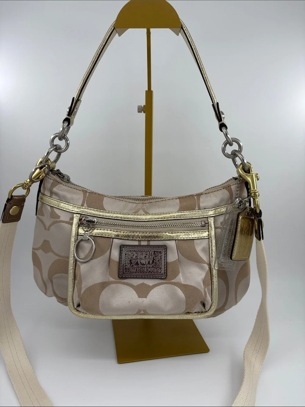 Coach Poppy Beige Signature Canvas Shoulder Bag with Gold Accents