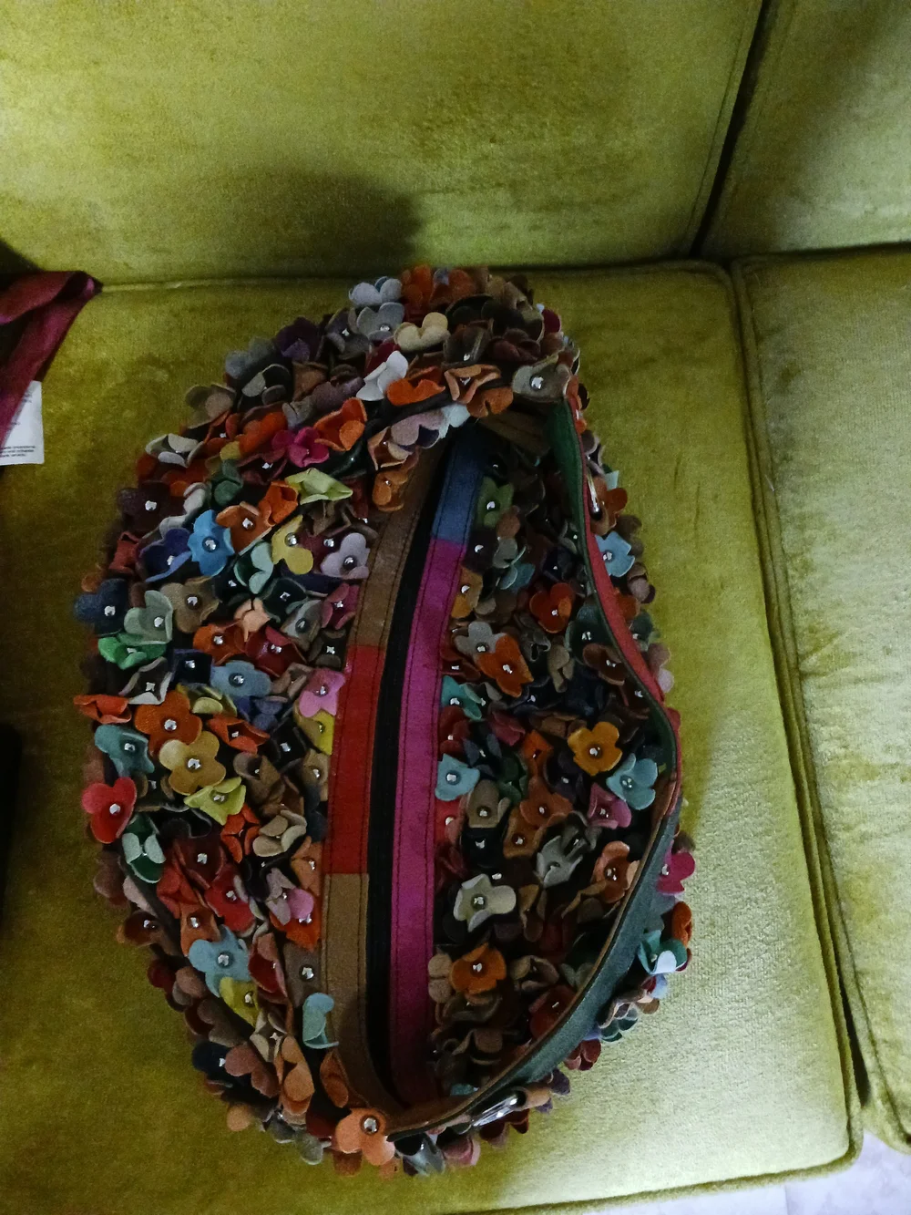 Vintage Multicolor Floral Appliqué Hobo Bag with Green Strap