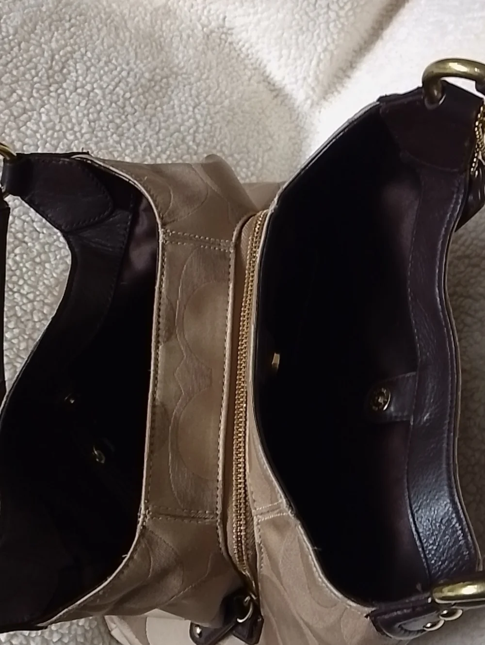Coach Campbell Signature Logo Canvas Shoulder Bag with Dark Brown Trim
