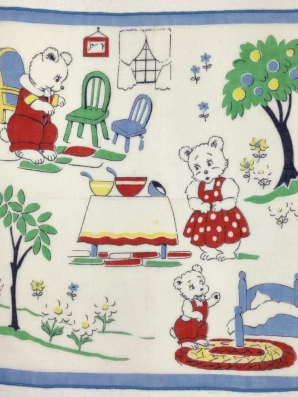 Vtg Child's hankie The Three Bears Nursery Rhyme 8.5x8.75 CL