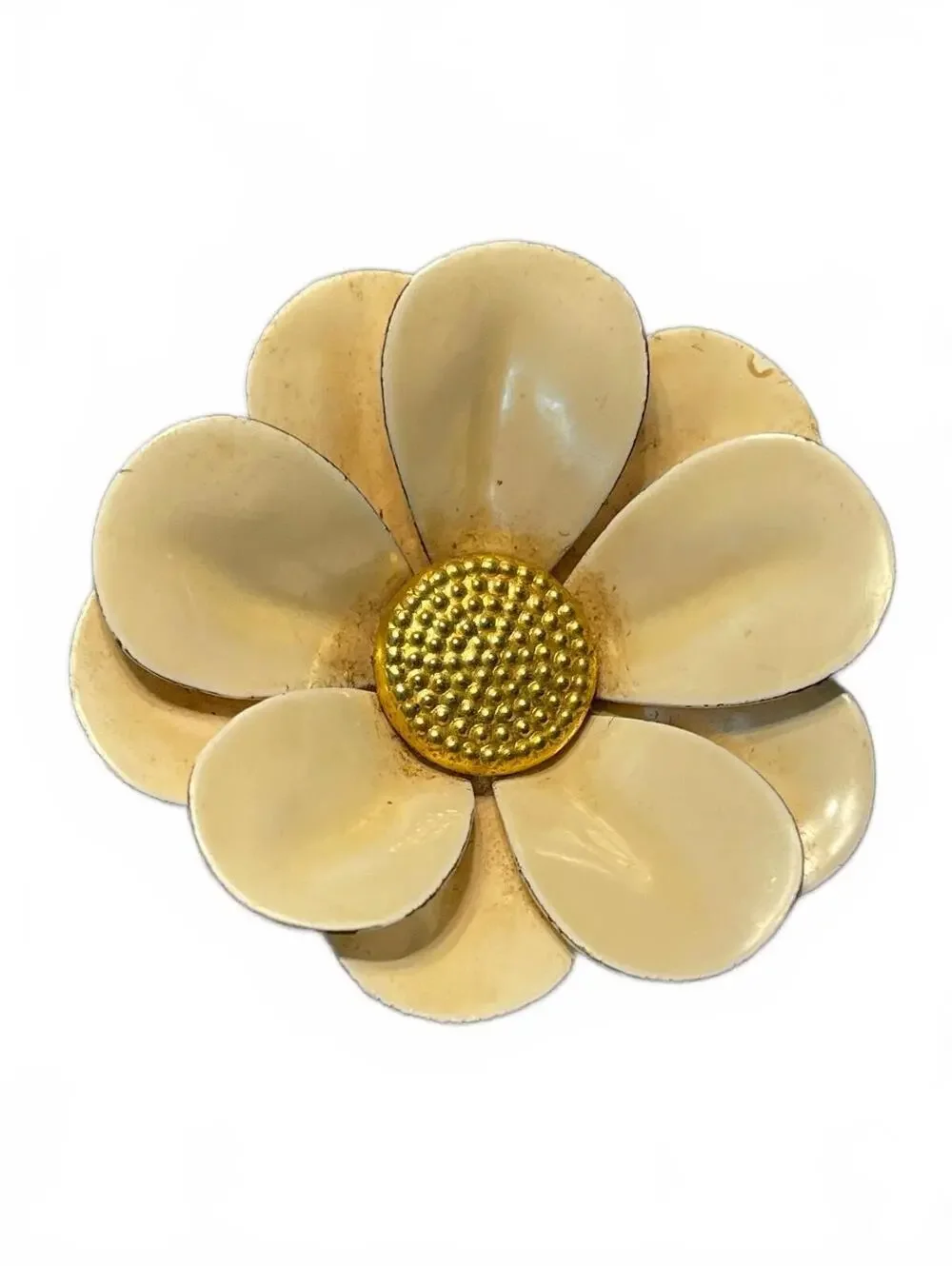 1970s Vintage Cream Flower enamel Brooch with Gold Tone Center