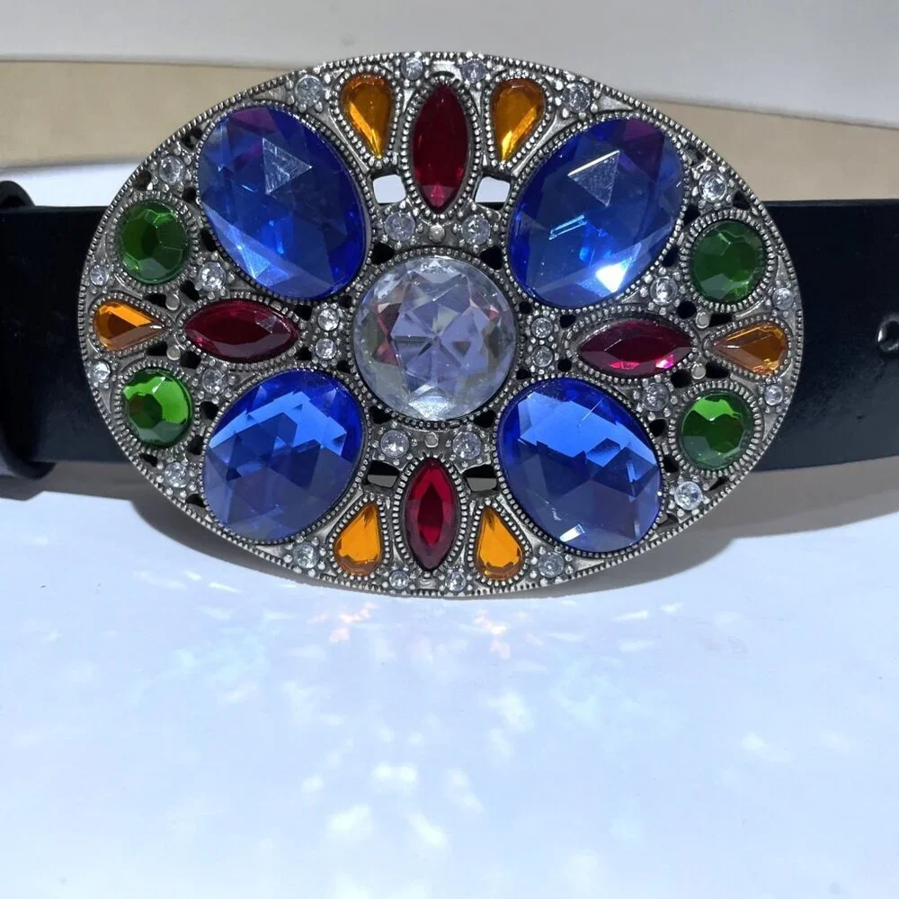 Amiee Lynn Leather Belt Colorful Jeweled Buckle Size L/XL Statement Western