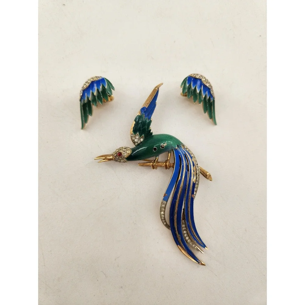 Trifari Birds‎ of Paradise Brooch & Earring Set Blue Green Enamel Rhinestone
