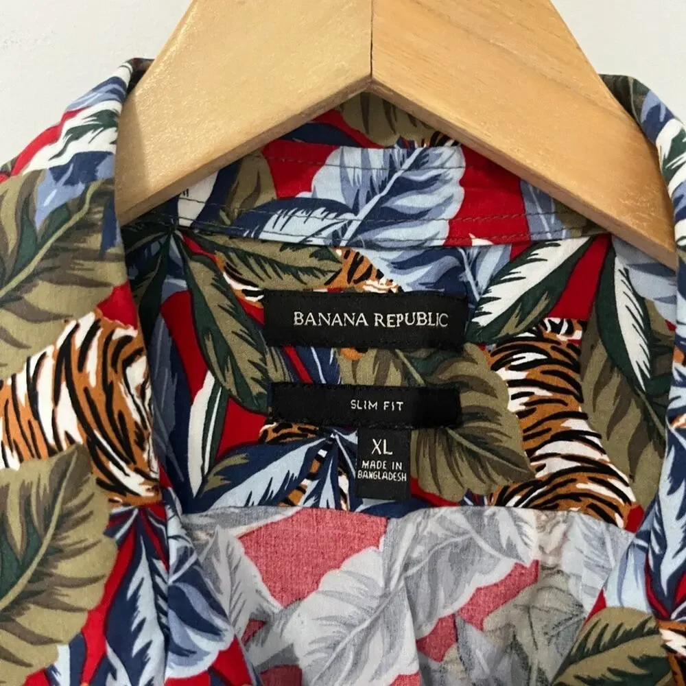 Banana Republic Men's Hawaiian Palm Leaf Print Button Up Top Size Large