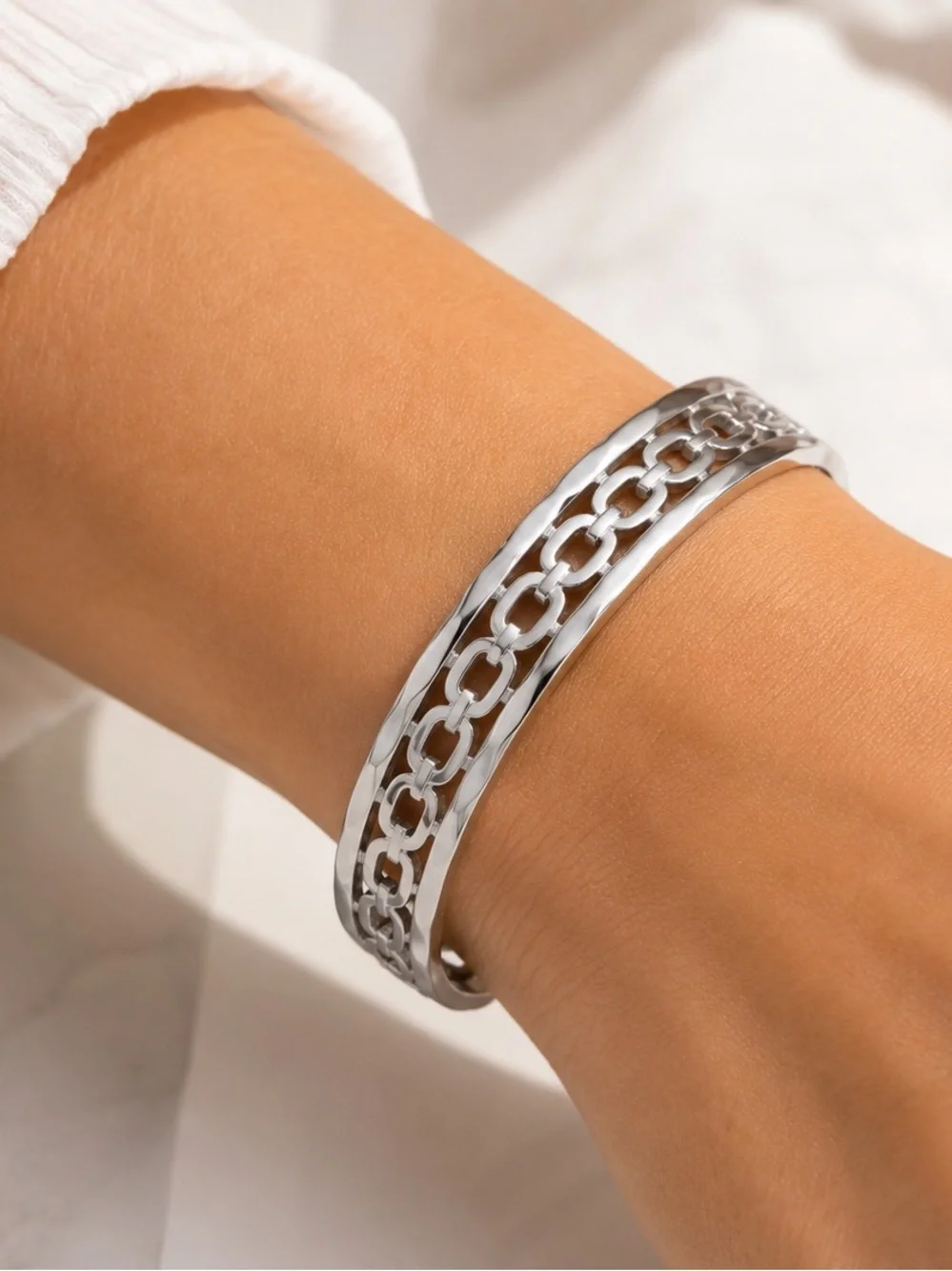 Stainless Steel Silver Open Cuff Bracelet Adjustable Waterproof Hypoallergenic