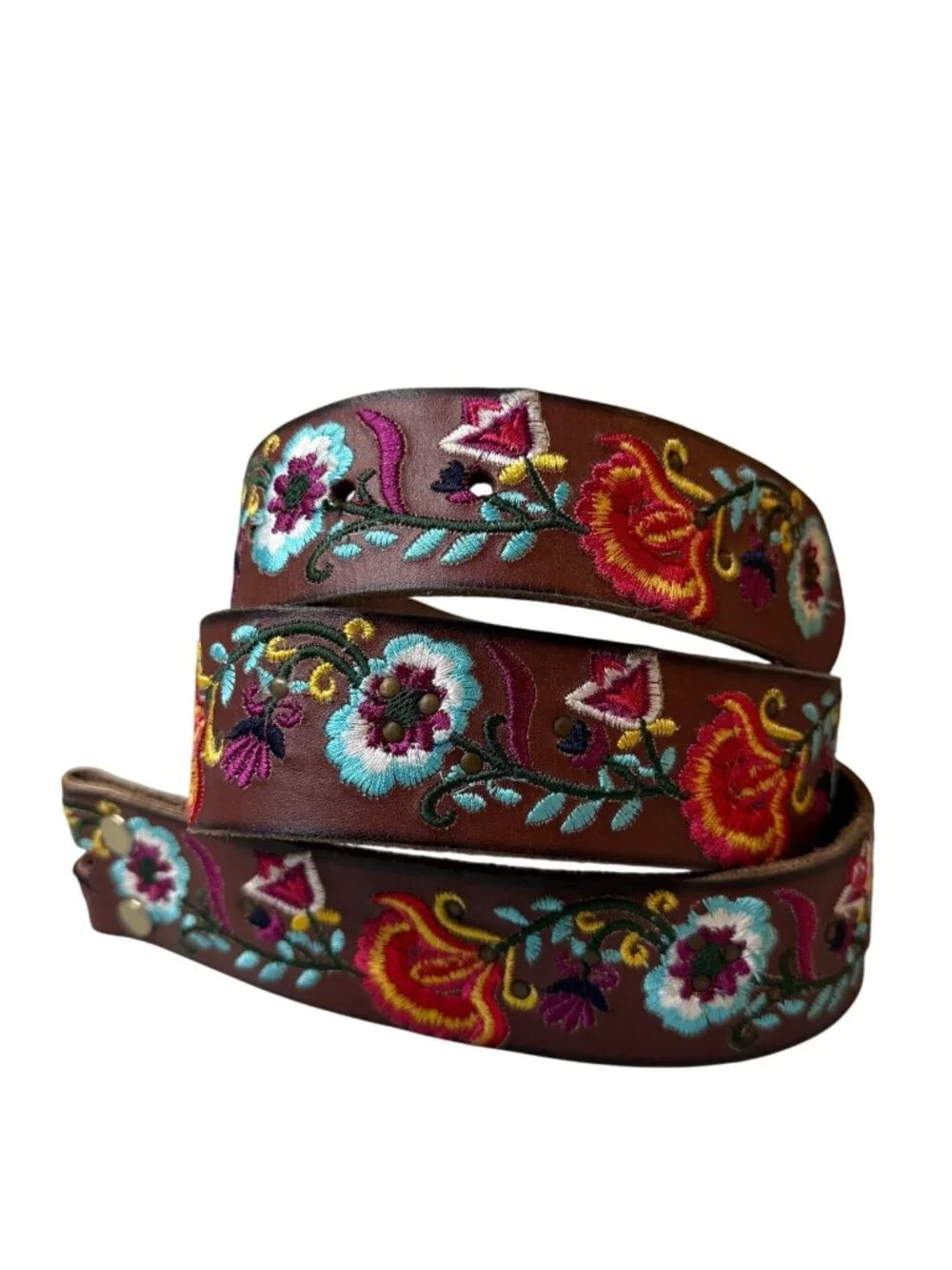Lucky Brand Floral Embroidered Brown Leather Belt Medium 42