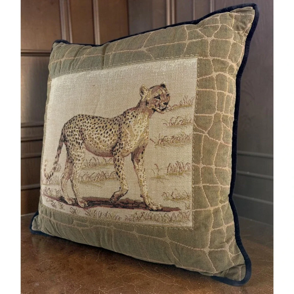 Vintage Cheetah Tapestry Throw Pillow Velvet Back Quilted Safari Animal 16x16