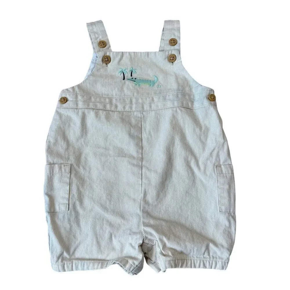 Janie & Jack baby overalls, shorts, 3-6 months, Tan & white; with Alligator