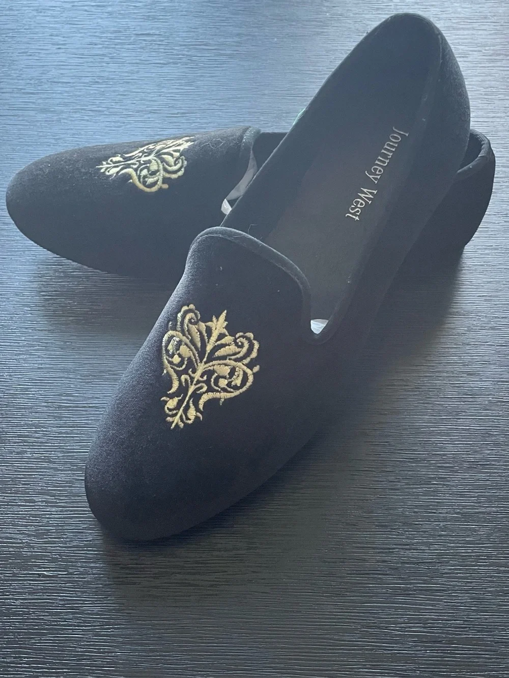 Journey West Men’s Black Velvet Loafers with Gold Embroidery