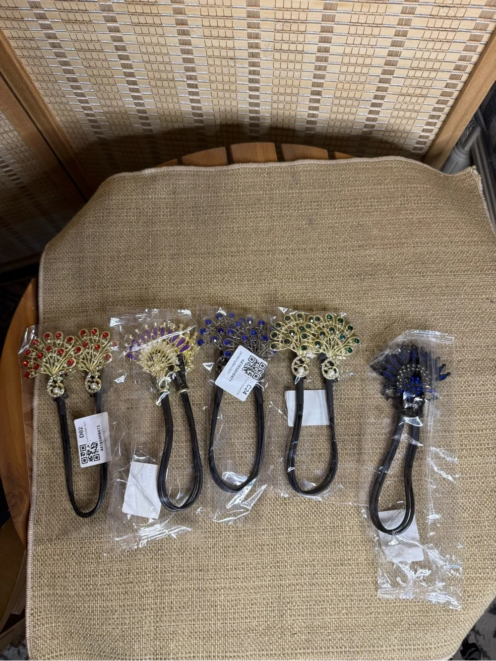 New***Jeweled Peacock Hair Tie - Gold with Multicolor Stones-set of 5