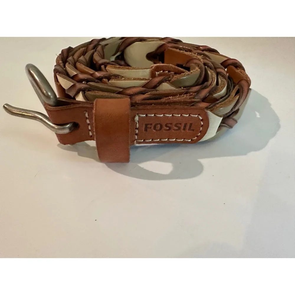 Fossil Womens Braided Leather Belt Multi-Tone Brown Tan Cream Size M BT3943702
